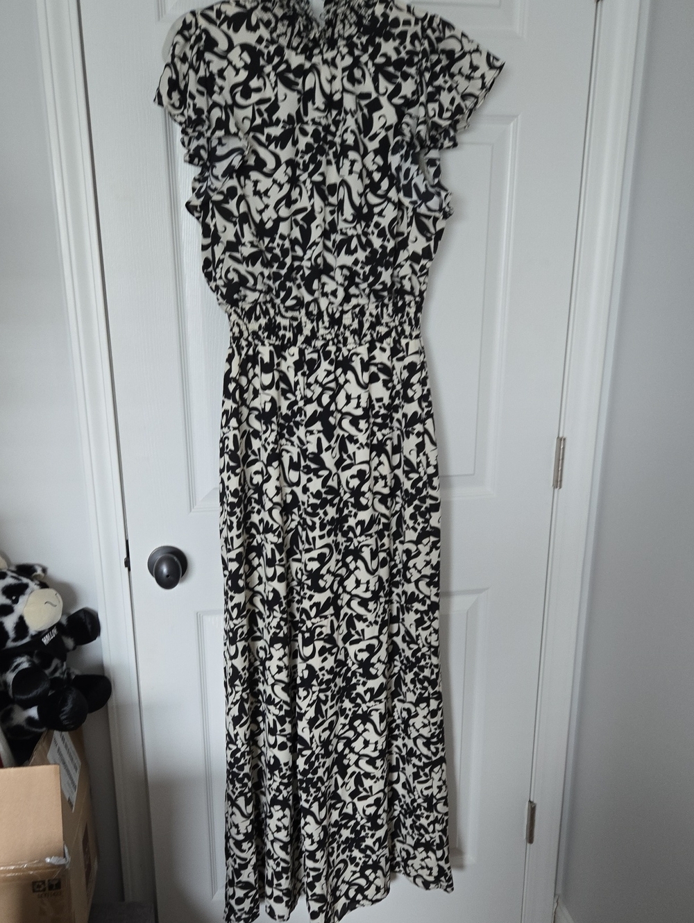 MSK Black & White Printed Smocked-Waist Jumpsuit